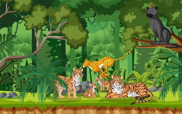 Çeşitli vahşi hayvan örnekleriyle dolu orman sahnesi - Vektör, Görsel