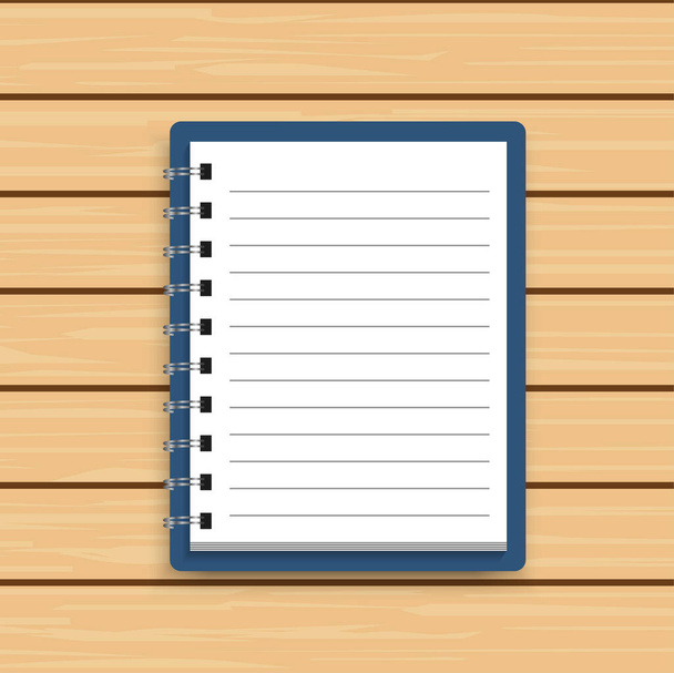 Blank realistic spiral notepad notebook on wooden background. Vector illustrator - Vector, Imagen