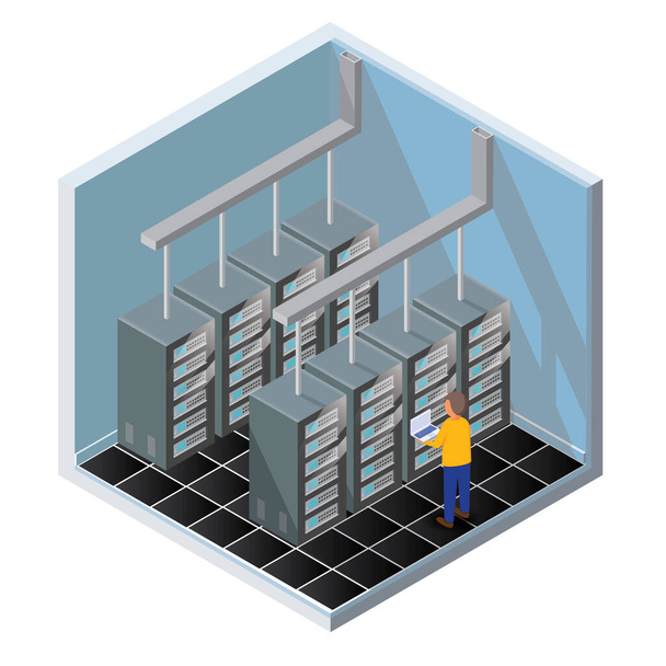 Isometric Vector Illustration diagnostic test in a server computer room. Server test in room. Servers being tested in room. Technology communication . Infographics Stick Figure. Vector illustrator - Vector, Image
