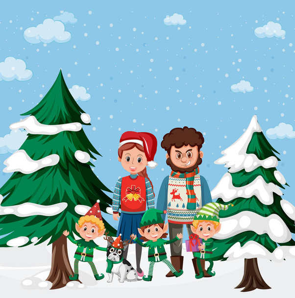 Święta Bożego Narodzenia z rodziną w śniegu ilustracja - Wektor, obraz