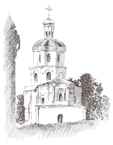 Vector traced Hand drawn landscape ink and pen sketch of an ancient building of Collegium in Chernihiv, Ukraine - Vector, Image