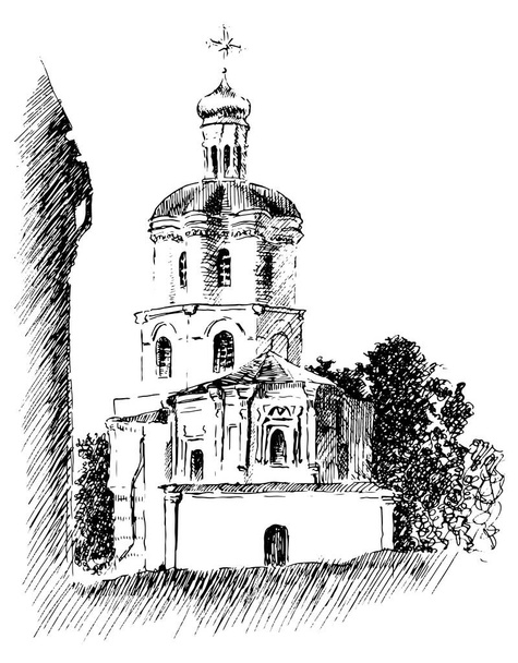 Vector traced Hand drawn landscape ink and pen sketch of an ancient building of Collegium in Chernihiv, Ukraine - Vektor, obrázek