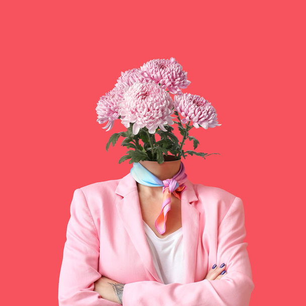 Woman with bouquet of beautiful flowers instead of her head on red background - Foto, imagen