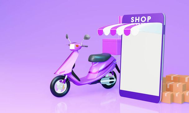 Online express delivery scooter service concept, concept delivery parcel post parcel box with motorbike.courier Pickup, Delivery, Online Shipping Services. pastel background. 3D Rendering - Photo, Image