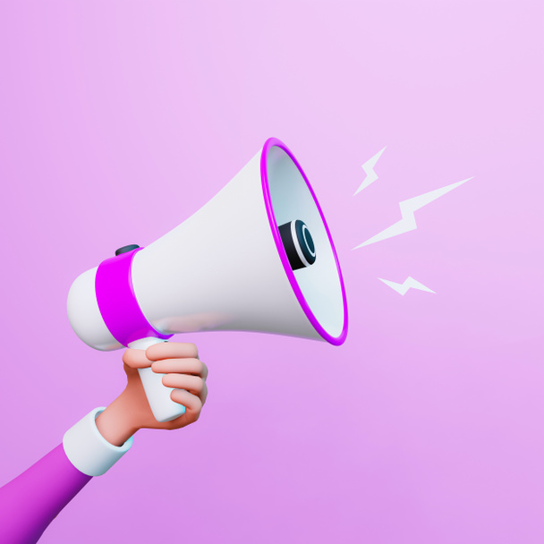 Arm or hand Cartoon character holding Megaphone. Announcement concept with amplifier  on Pink pastel background with clipping path. 3D rendering - Foto, Imagen