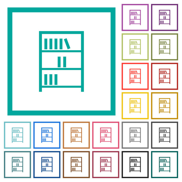 Bücherregal mit Büchern umreißt flache Farbsymbole mit Quadrantenrahmen auf weißem Hintergrund - Vektor, Bild