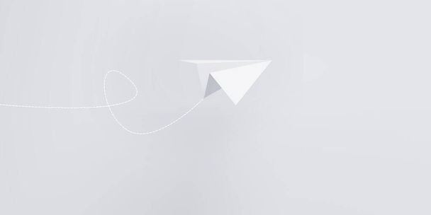 Ізометричний білий паперовий літак, що летить з лінією маршруту на синьому фоні. 3D візуалізація
. - Фото, зображення