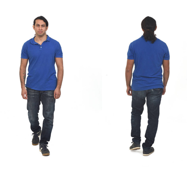 back and front view of a walking man with ponytail on white background - Photo, image