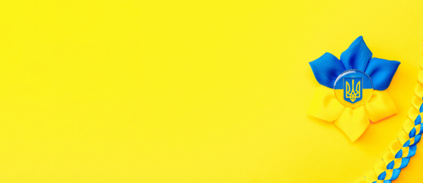 Modré žluté pozadí. Ukrajinský symbol květinového trojzubce izolovaný na žluté. Láska Ukrajina koncept - Fotografie, Obrázek