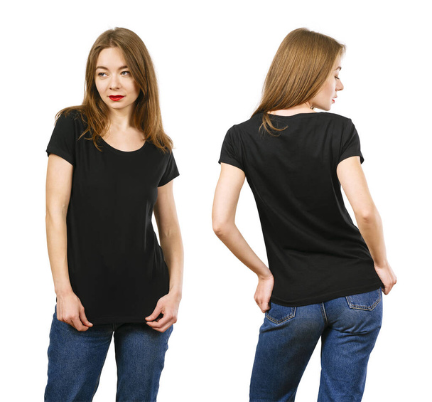 Young beautiful woman with blank black shirt, front and back. Ready for your design or artwork. - Foto, immagini