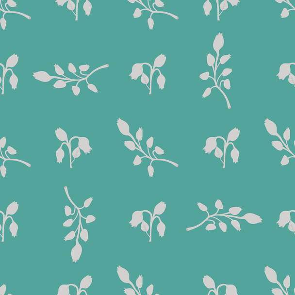 Seamless pattern of leaves, bluebell flowers, branches on a green background for printing - Wektor, obraz