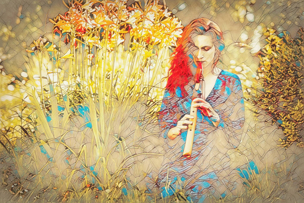 beautiful shamanic girl playing on indian flute in the nature. Painting effect. - Foto, Bild