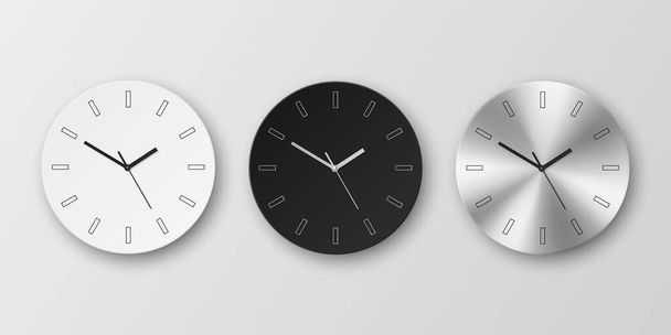 Vector 3d Realistic Round White, Black and Slver or Chrome Steel Wall Office Clock Icon Set Isolated. Design Template of Wall Clock Face Closeup. Mock-up for Branding and Advertise. Front View. - Wektor, obraz