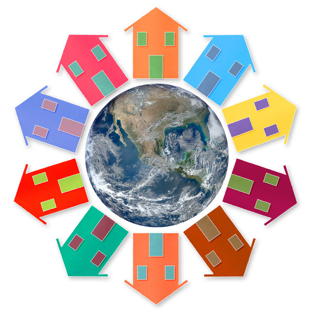 Globální vesnice koncept - deset malých domů kolem země - Fotografie, Obrázek