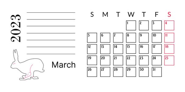 Monthly calendar for the 2023 year. The week starts on Sunday. MArch. monthly planner template - Vettoriali, immagini