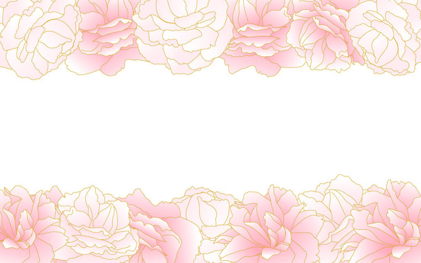 Spring flowers and plants, framed above and below by double cherry blossoms (peony cherry) in light pink gradient. - ベクター画像