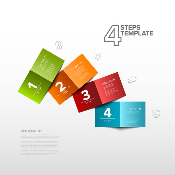 Vector four simple colorful folded paper steps progress template with descriptions and icons. Fan set of folded papers as four steps of procedure on white background - Вектор,изображение