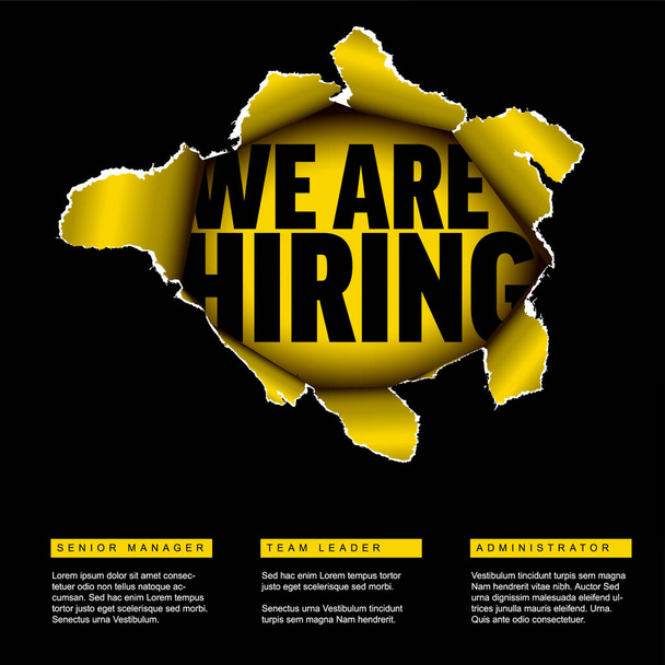 We are hiring flyer template with big yellow hole in the paper - looking for new members of our team hiring a new member colleages to our company organization team - Vector, Image