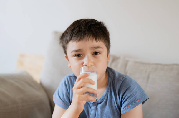 Kahvaltıda bir bardak süt içen sağlıklı okul çocuğu portresi okula gitmeden önce kanepede oturup ılık süt içen mutlu çocuk. sağlıklı yiyecek yaşam tarzı konsepti - Fotoğraf, Görsel