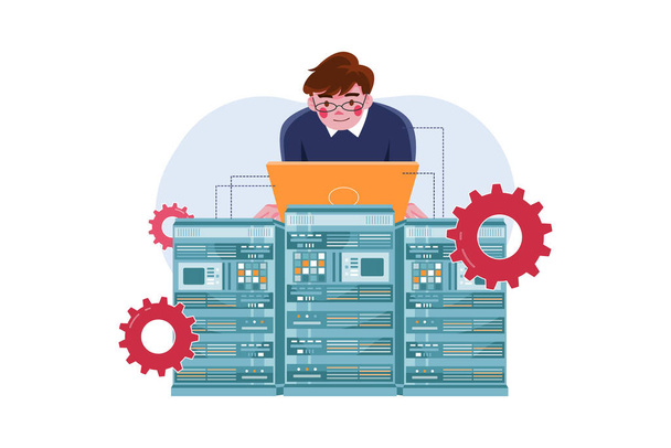 man with laptop and gears vector illustration design - Vector, Image