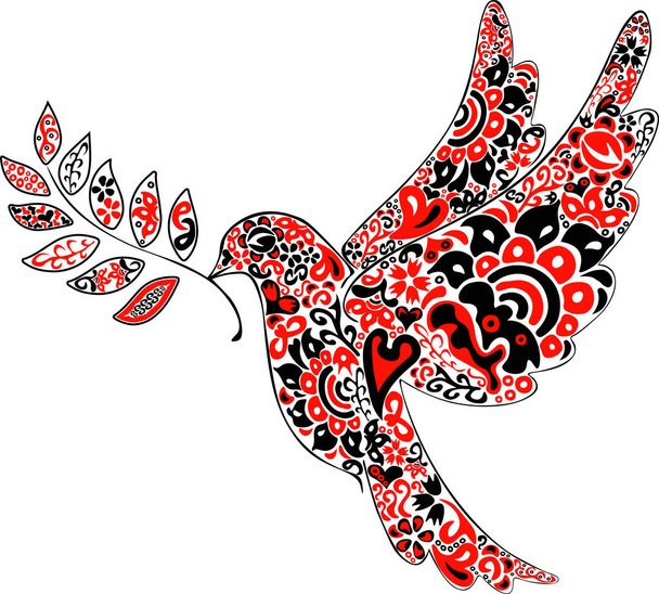Arte popular ilustración paloma de la paz signo en colores rojos y negros y patrón étnico - Vector, Imagen