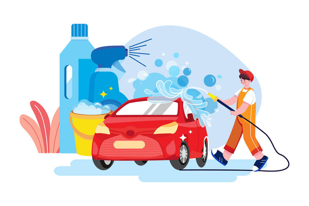 Koncepcja ilustracji myjni samochodowej. Płaska ilustracja odizolowana na białym tle - Wektor, obraz