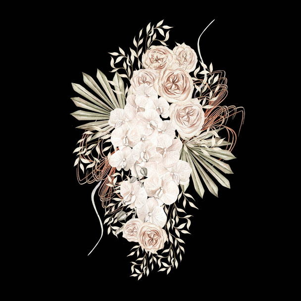 Акварельный свадебный букет бохо с раскрашенными вручную тропическими цветами орхидеями и сушеными пальмовыми листьями, ветвями памп и цветами роз. Иллюстрация - Фото, изображение