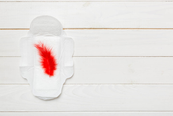 Women hygiene products or Sanitary pad with red feather on colored background. Pastel color. Closeup. Empty place for text. Female daily hygiene. - Photo, Image