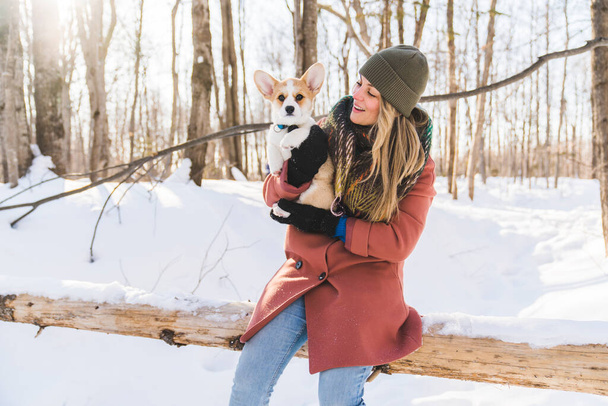 Young happy woman having fun in snowy winter park with Corgi baby dog - Foto, immagini