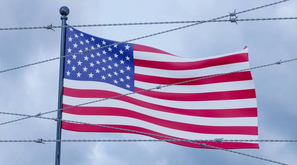 Sanctions on USA. flag USA with Barbed Wire. 3D work and 3D illustration - Фото, зображення
