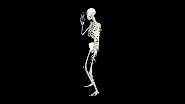 Skeleton is aan de telefoon. Skelet gesprek met behulp van de telefoon. 3D realistische animatie. Zwarte achtergrond. - Video