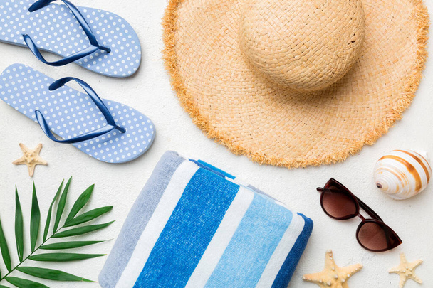Summer vacation concept flat lay. beach accessories and towel top view. Space for text. travel concept. - Valokuva, kuva