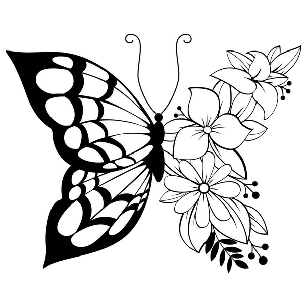花と混じった蝶のTシャツデザイン。ポスターのベクトルイラスト. - ベクター画像