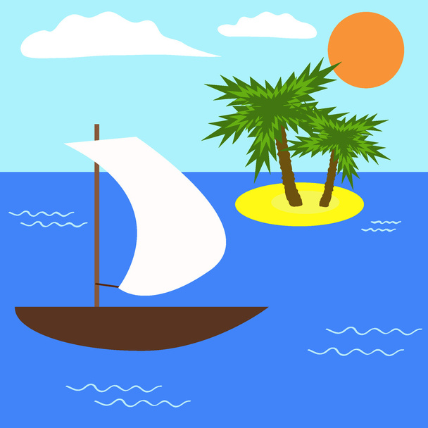 Boat and desert island with two palms - Διάνυσμα, εικόνα