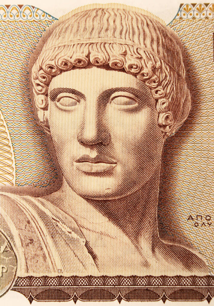 Apollo-Porträt, Kupferstich aus der antiken griechischen Banknote in Drachmen, Figur aus der Mythologie - Foto, Bild