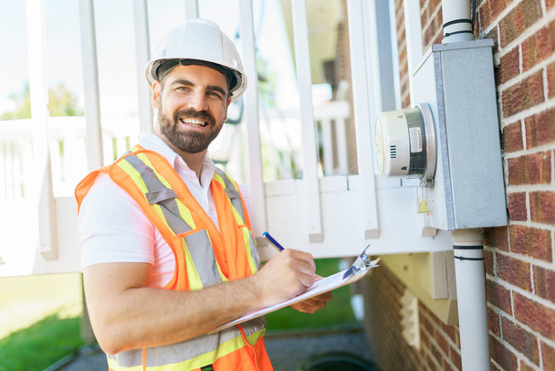 Portrait of an electrician happy worker at work - Foto, imagen