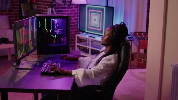 African american gamer girl streaming first person shooter tournament angry after losing online competition - Video