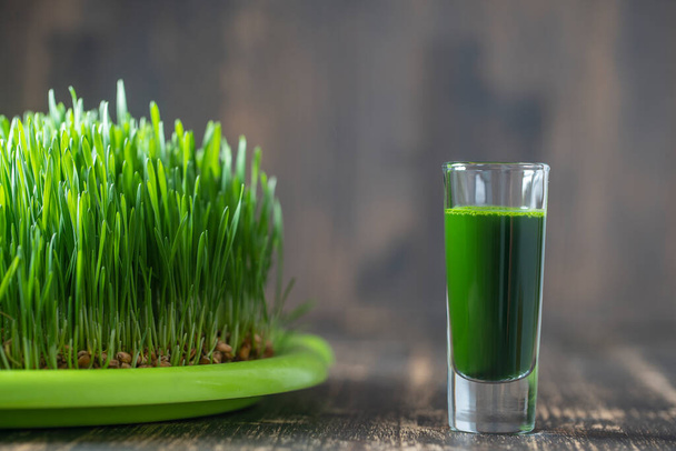 Healthy organic green detox juice from grass of green germinated wheat grains, close up. Green leaves of young wheat and wheatgrass juice - Fotoğraf, Görsel