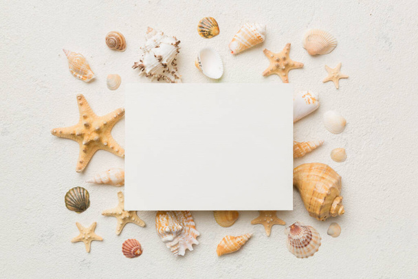 Summer time concept with blank greeting card and blank white paper on colored background. Seashells from ocean shore in the shape of frame separated with space for text top view. - 写真・画像