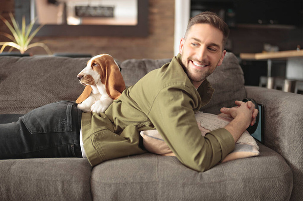 Man Playing With basset Pet Dog At Home sofa. - Fotó, kép