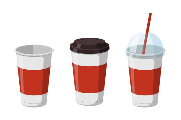 Disposable paper beverage cup templates set for coffee, soda or cocktail with black and transparent hemisphere lid. 3d blank white and red large cardboard soft drinks packaging collection. Vector - Wektor, obraz