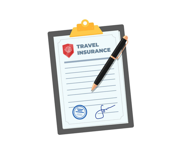 Travel insurance policy on clipboard and pen. Safe flight by plane and signed contract protection tourist life and property. Indemnification document in traveler trip accident. Safety journey icon - Vector, afbeelding
