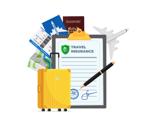 Travel insurance policy with passport, flight ticket, plane and yellow suitcase. Safe plane trip and signed contract protection tourist life and property. Ready for safety aircraft journey - Вектор,изображение