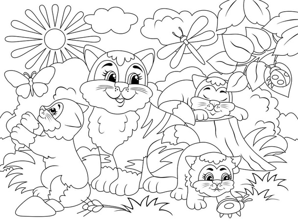 Mother cat and kittens play. Nature on the background. Raster illustration, children coloring book. - Photo, image
