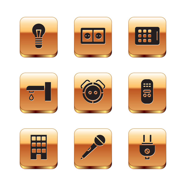 Set Light bulb, House, Microphone, Robot vacuum cleaner, Water tap, Graphic tablet, Electric plug and Electrical outlet icon. Vector - Vettoriali, immagini