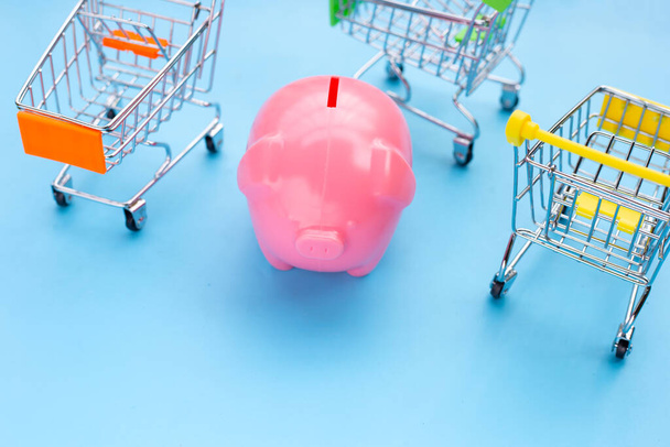 Pink piggy bank with shopping cart - Photo, Image