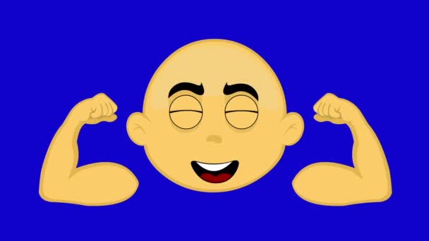 Loop animatie van het gezicht van een gele stripfiguur, kaal, buigt zijn armen en samentrekt zijn biceps. Op een blauwe chroma key achtergrond - Video