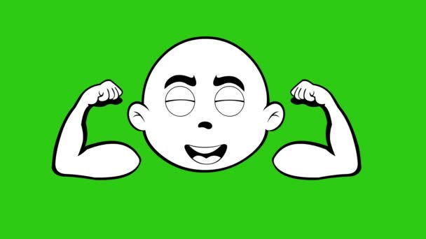 Animación en bucle de la cara de un personaje flexionando sus brazos y contrayendo sus bíceps, dibujados en blanco y negro. Sobre un fondo clave de croma verde - Metraje, vídeo