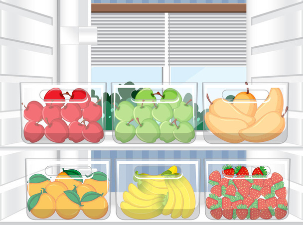 Binnenkant koelkast met illustratie levensmiddelen - Vector, afbeelding