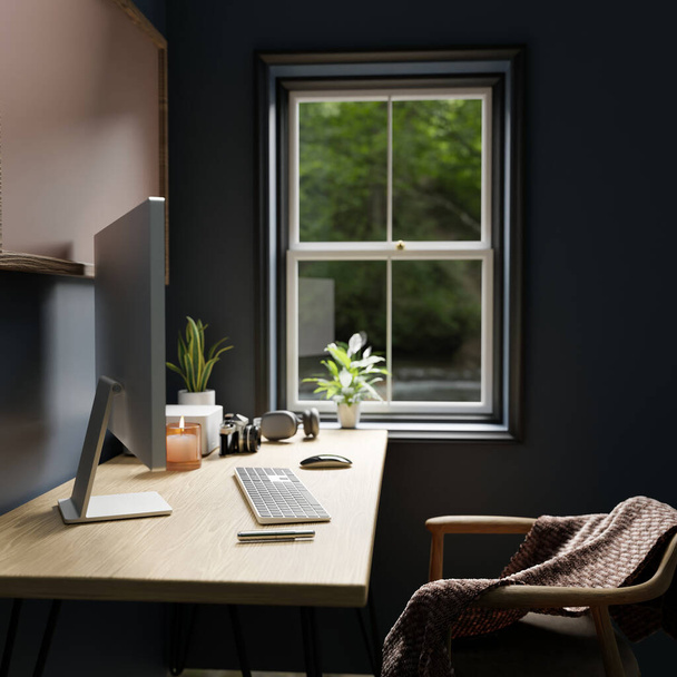 Moderner Wohnarbeitsraum mit PC, Tastatur, Kopfhörer, Dekorationspflanzen und Accessoires auf dem Tisch neben dem Fenster. 3D-Darstellung, 3D-Illustration - Foto, Bild